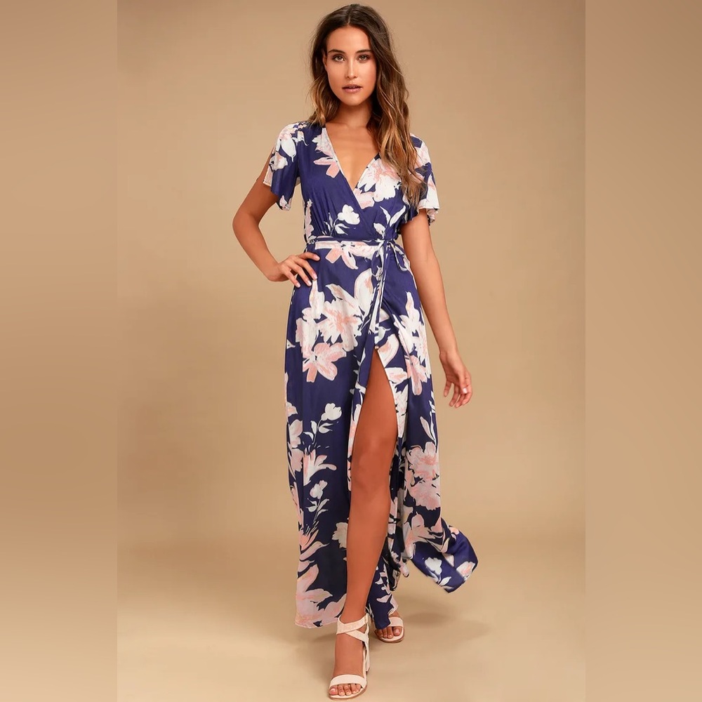 Lulu’s Women’s Azalea Regalia Navy Blue Floral Print Wrap Maxi Dress Size XS